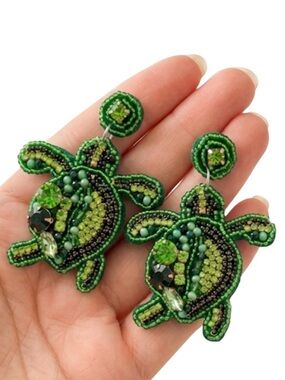 Handmade Beaded Sea Turtle Drop Earrings – Green Boho Statement Jewelry